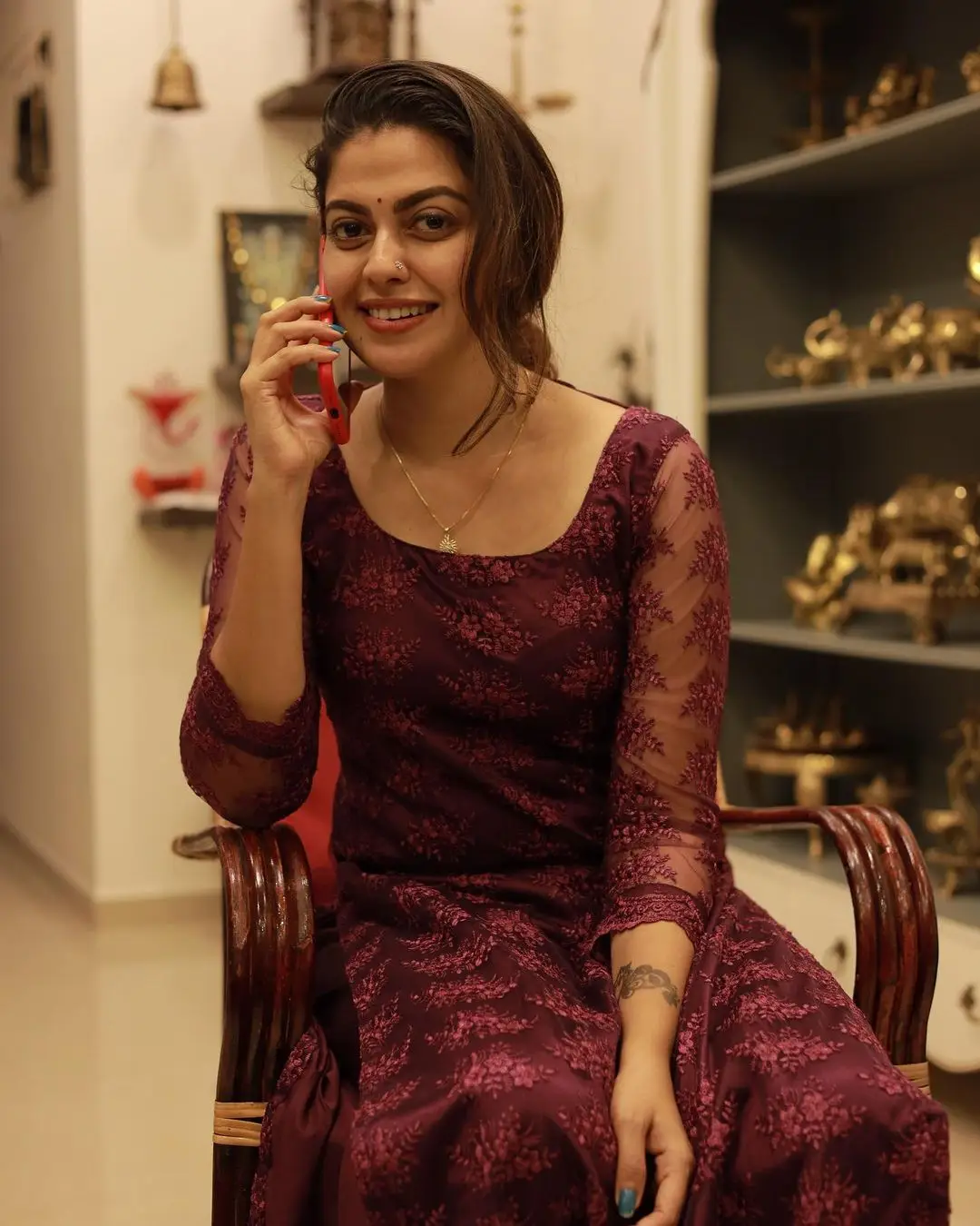 Anusree Nair In South Indian Traditional Maroon Gown